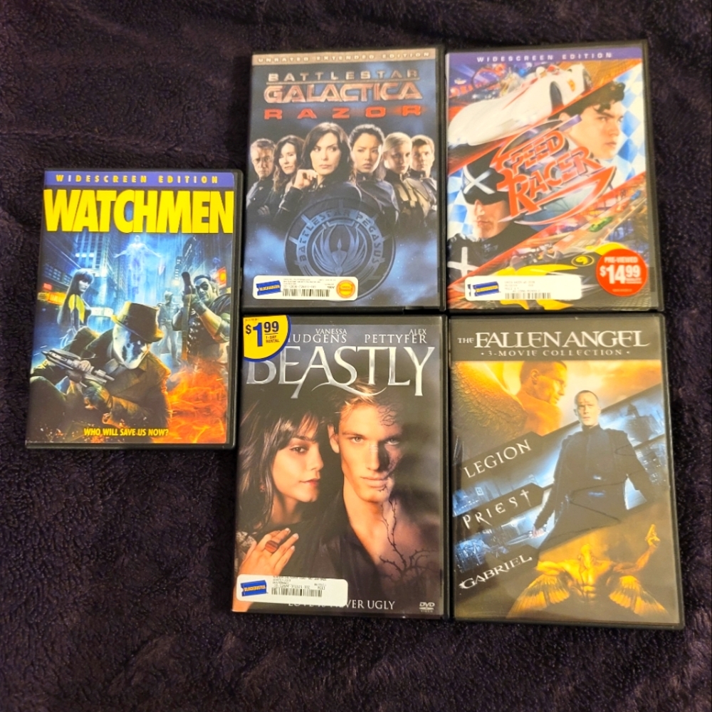 5movies Watchmen(R),BeastlyPG13, SpeedRacerPG,FallenAngel(R), GalacticaNOT RATED